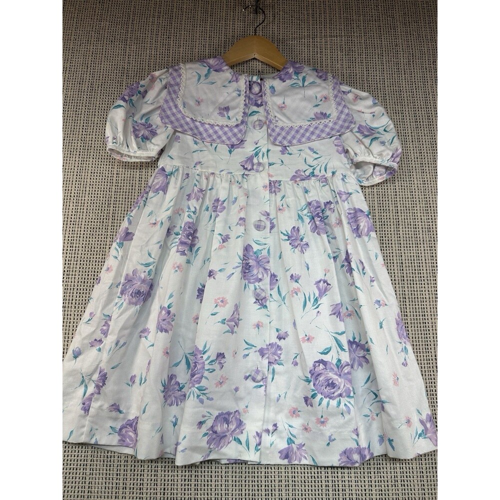 Vintage Girls Floral Dress Sz 6 Button Front Cottagecore Gingham
